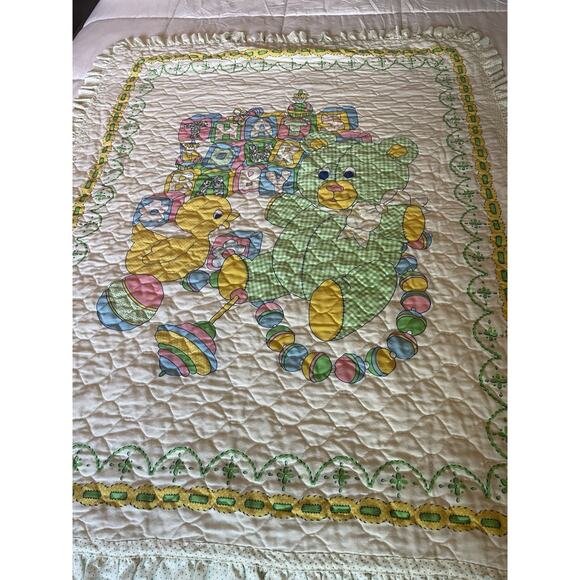 Vintage 80s Teddy And Bear Baby Crib Quilt Blanket Teddy Bear Duck Blocks 1980s - Picture 1 of 8